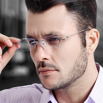 鉆石切邊眼鏡框定制無框眼鏡男近視眼鏡成品超輕變色近視鏡平光鏡